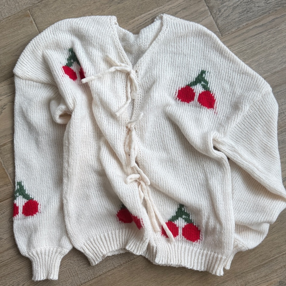 Cherry Embroidered Cream Sweater